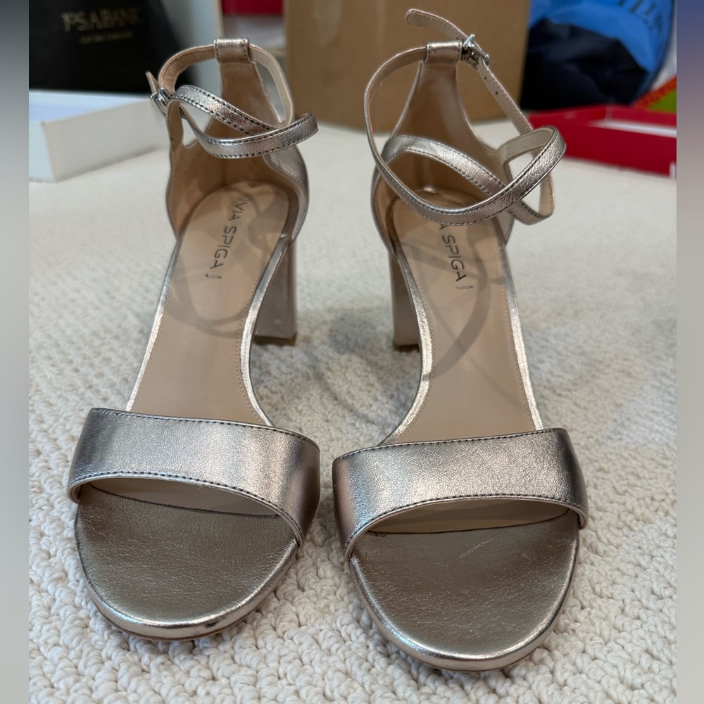 Via Spiga Metallic Rose Gold Block Heel Sandals